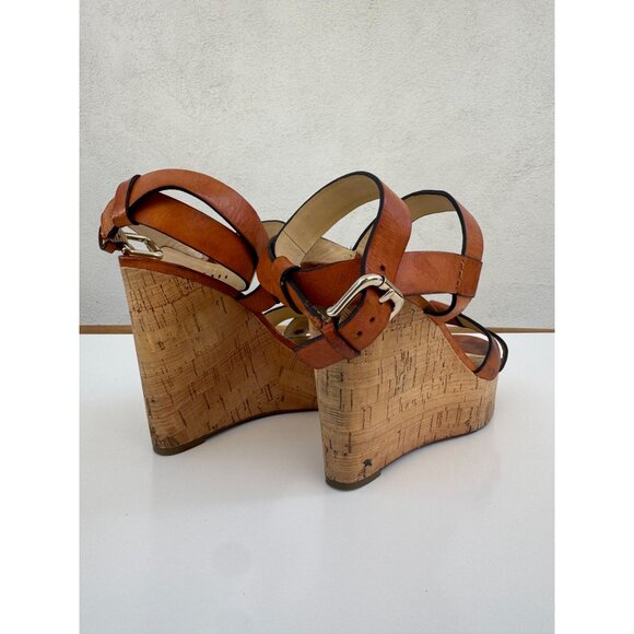 Coach Tan Leather Cork Wedge Sandals With Gold Details Size 8 - Picture 6 of 12
